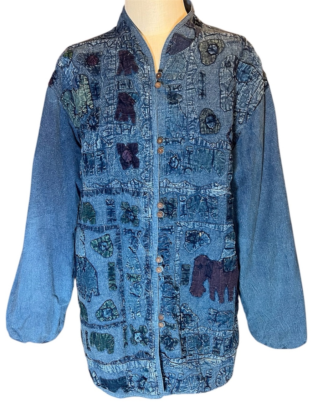 💙Sacred Threads Blue Patchwork Denim Jacket with Multitone Accents